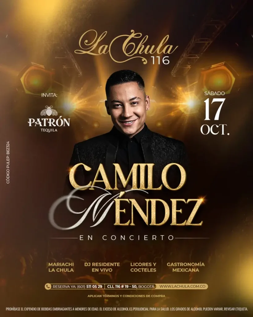 Camilo Mendez en concierto en La Chula 116-17 de octubre de 2026